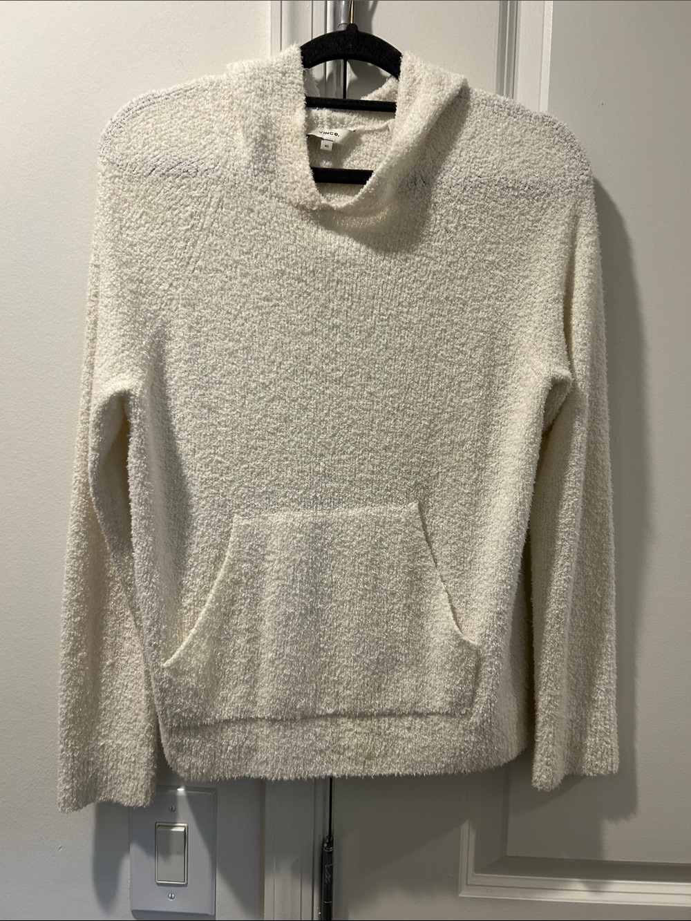Vince Cream Cowl-Neck Cozy Pullover with Kangaroo Pocket